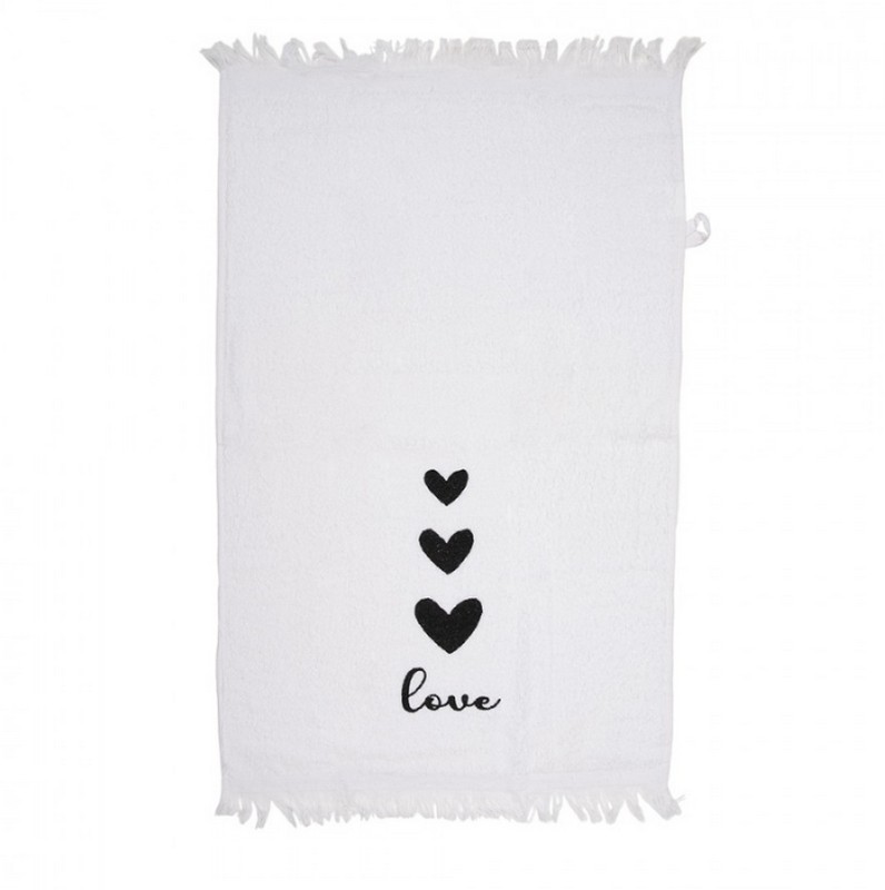 Strofinaccio bianco in cotone decorato con cuori e scritta “Love”, utilizzabile anche come asciugamano